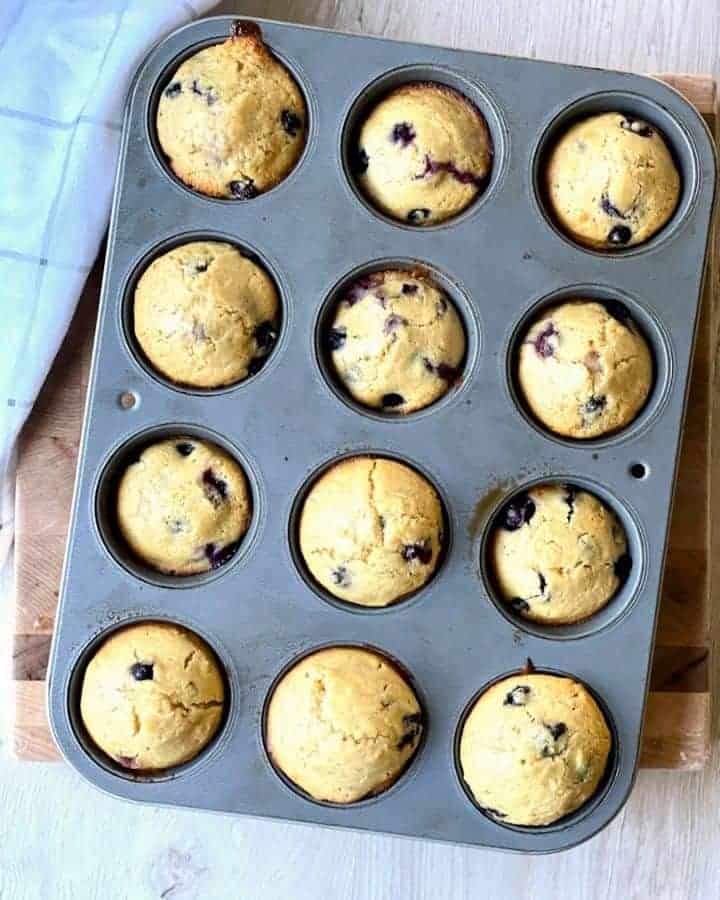 kamut blueberry muffins baked in pan