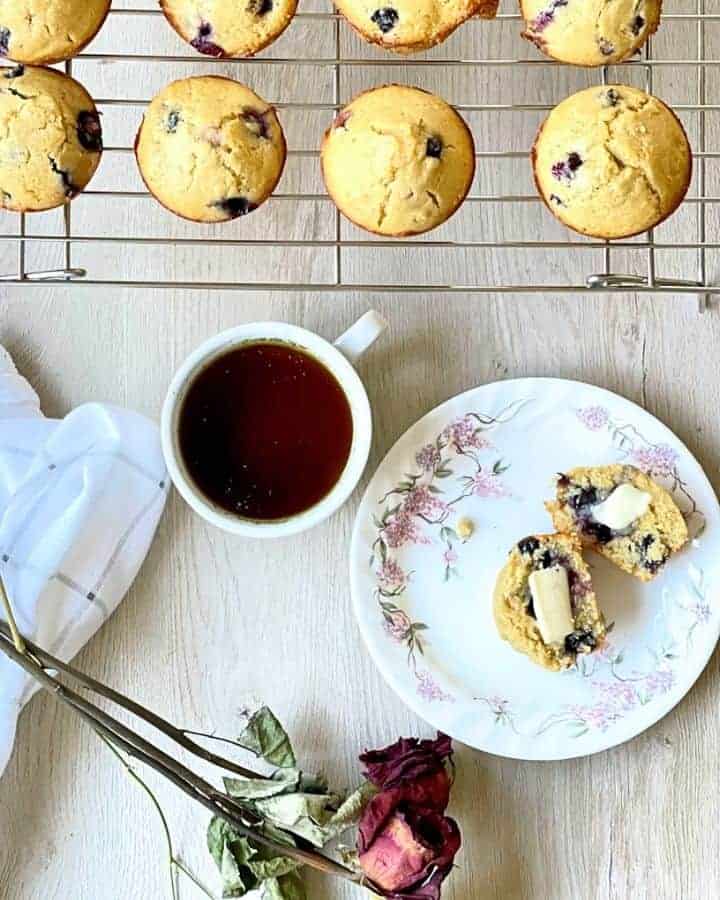 kamut blueberry muffins and tea
