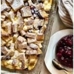 Blueberry sourdough french toast casserole in a pan