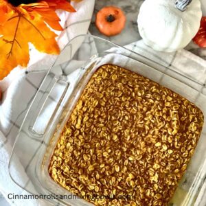 healthy pumpkin baked oatmeal in pan on table