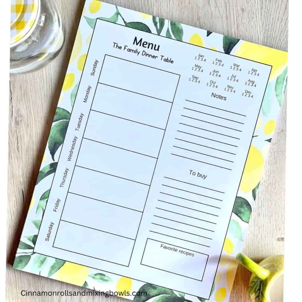 Lemon menu planner notepad