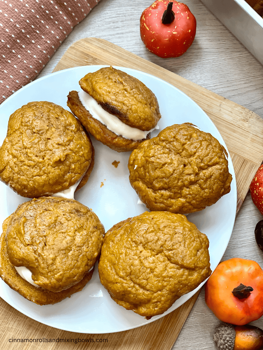 sourdough pumpkin whoopie pies on a plate to serve