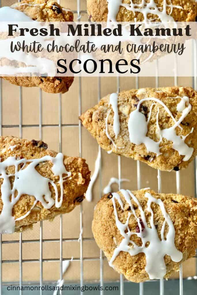fresh milled kamut scones sitting on cooling rack with glaze