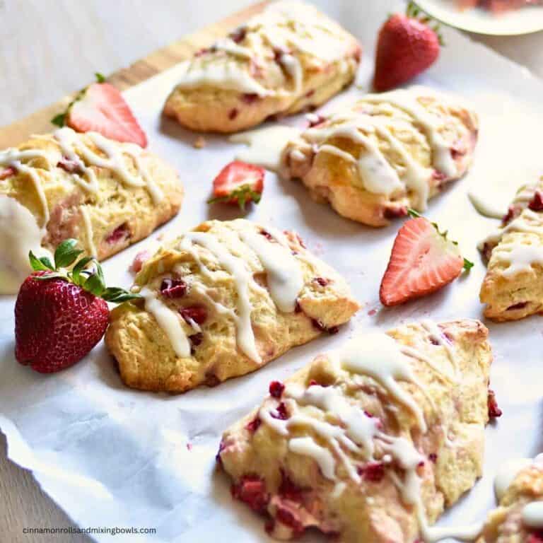 sourdough strawberry cheesecake scones baked on a tray