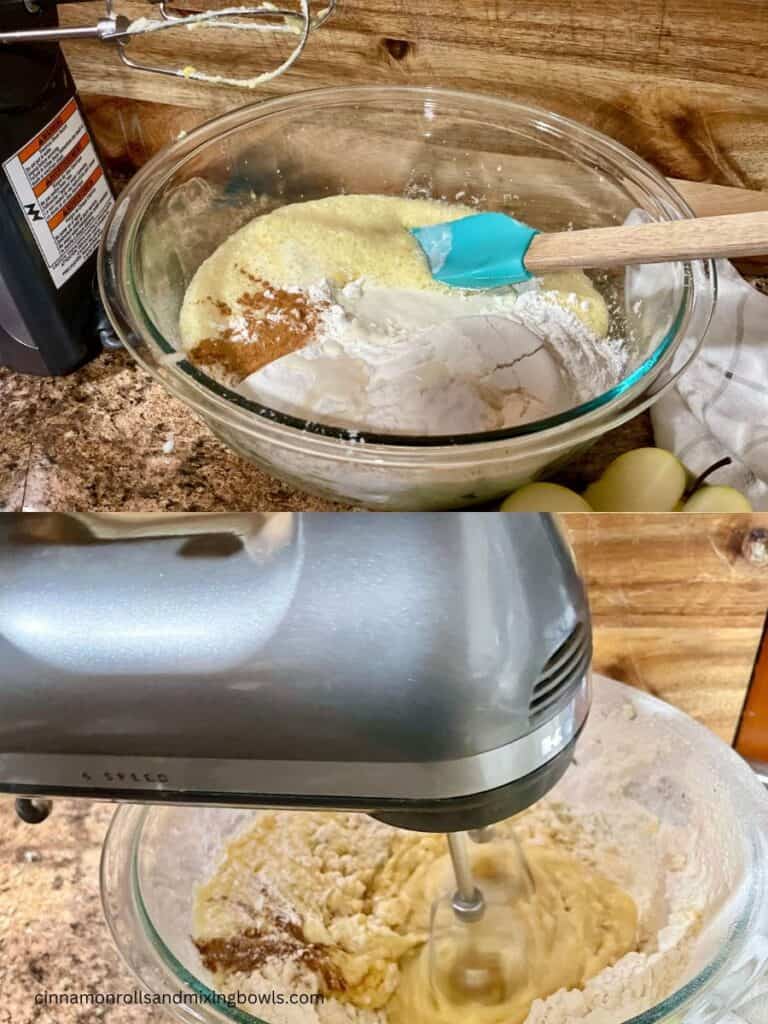 Batter being mixed up in a glass bowl on the counter