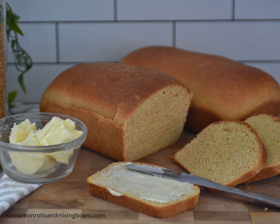 Ancient grain kamut bread sliced with butter 