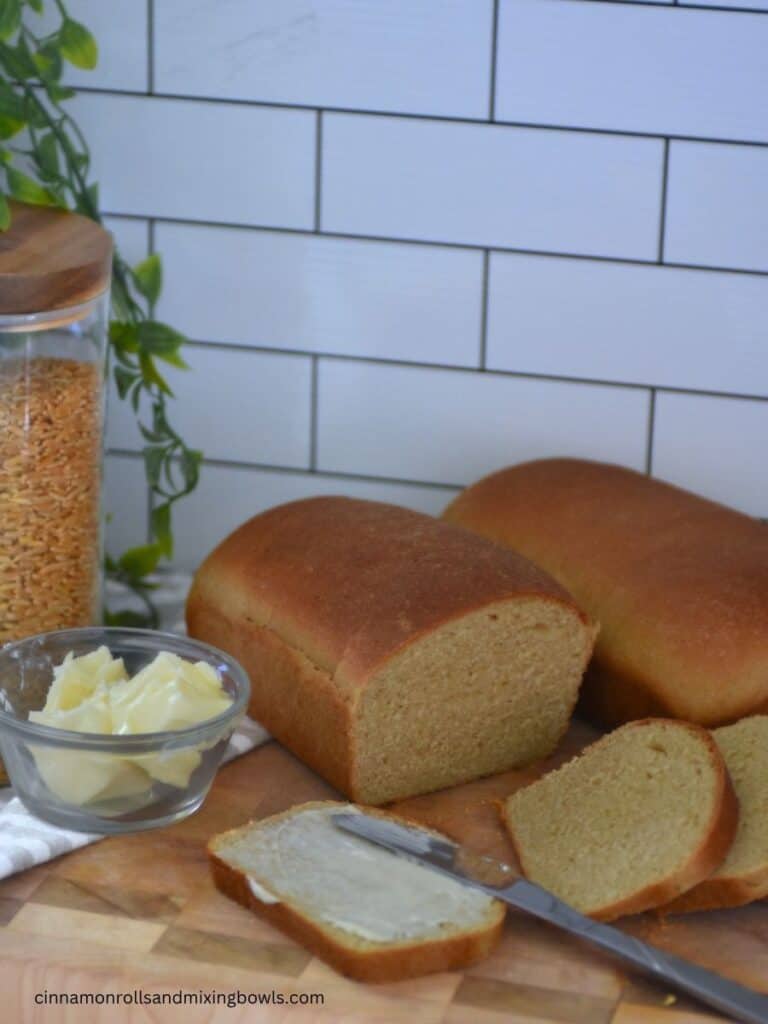 Home baked Kamut bread baked on counter cooling rack