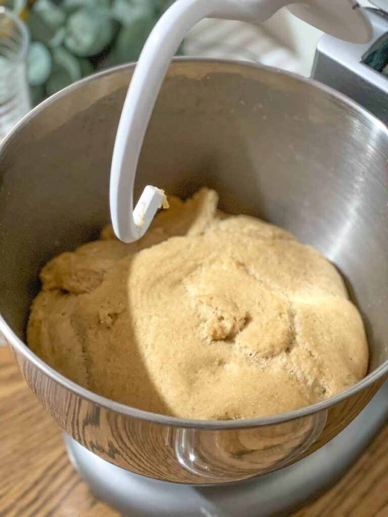 Risen freshly milled dough for pizza crust in kitchen aid mixer bowl